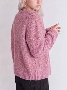 Women's New Autumn/Winter Pink Knitted Cardigan Jacket, Warm Round Neck Long Sleeve Button-Up Short Sweater - Pink - View 2