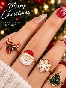 4pcs American Winter Limited Edition Christmas Style Exquisite Women's Ring Set, Small & Beautiful Open Adjustable Finger Ring Set, Fashion Personalized Jewelry Gift Suitable For Daily Wear, Perfect Party And Holiday Gift, Versatile Accessory For Casual And Vacation Outfits For Men And Women - Multicolor - View 4