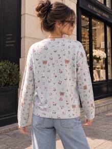 Áo cardigan len nữ họa tiết gấu nơ hoa dễ thương, tay dài cài nút phía trước, áo len mặc layer thời trang thường ngày cho mùa thu đông, trang phục đi học - Xám - Xem 2