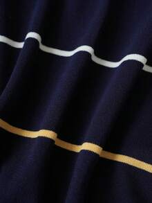 Halloween Christmas New Year Navy Stripe Knit Top Women Slim Cropped Long Sleeve Crew Neck Retro Preppy Holiday Party Tee - Navy Blue - View 8