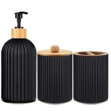 Juego de 3 accesorios de baño, incluye dispensador recargable de color negro mate, dispensador manual de loción/jabón, soporte para cepillo de dientes y caja de almacenamiento para cepillo de dientes y pasta de dientes, accesorios de baño para volver a la escuela - negro - Ver 1