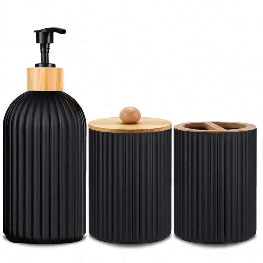 Juego de 3 accesorios de baño, incluye dispensador recargable de color negro mate, dispensador manual de loción/jabón, soporte para cepillo de dientes y caja de almacenamiento para cepillo de dientes y pasta de dientes, accesorios de baño para volver a la escuela - negro - Ver 1