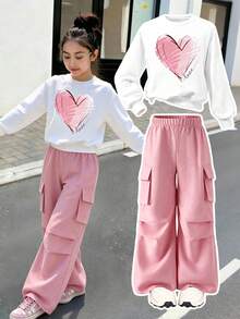 Tween Girl Cartoon Print Warm Crew Neck Sweatshirt And Cargo Pants - White - View 1