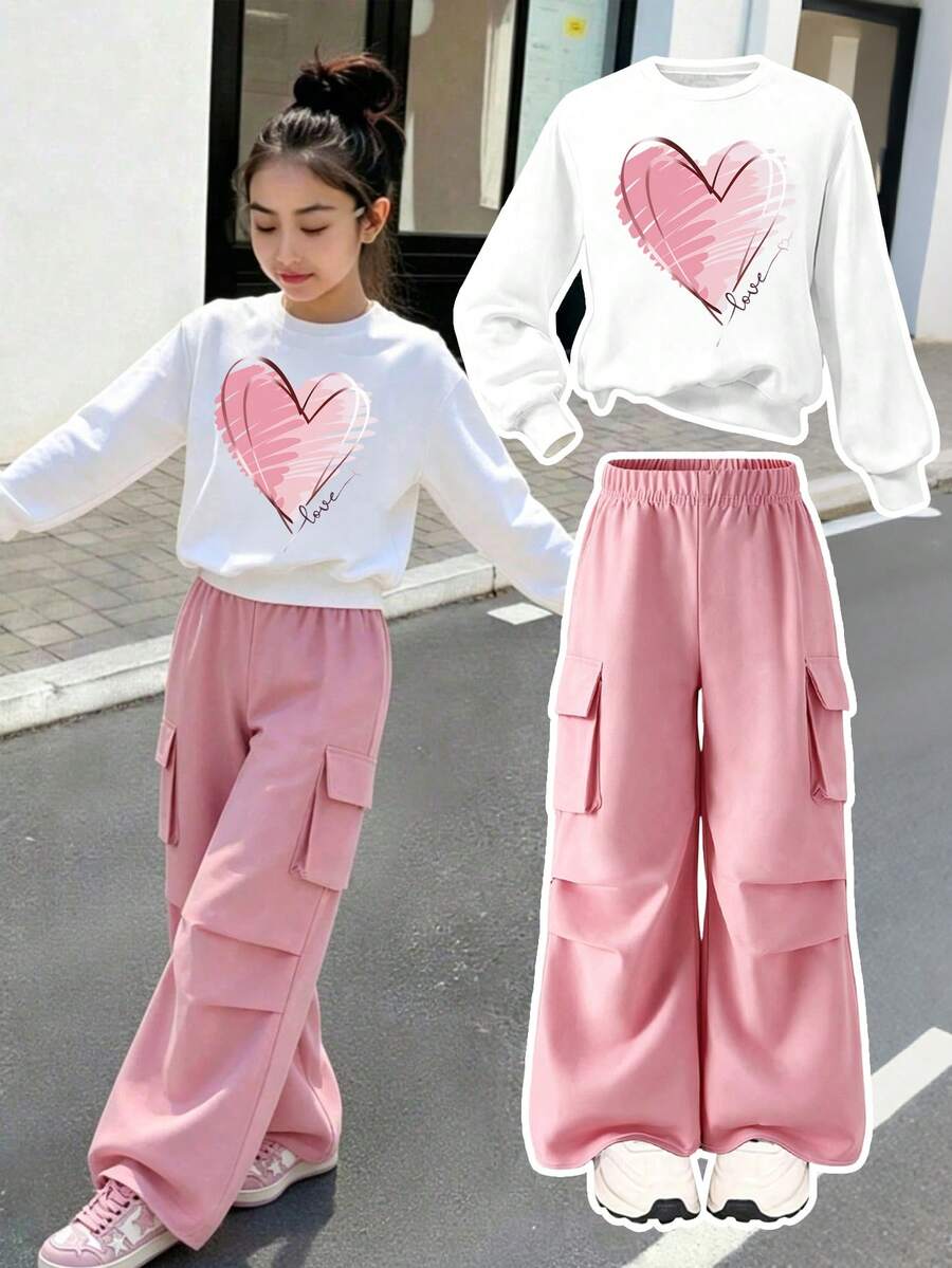 Tween Girl Cartoon Print Warm Crew Neck Sweatshirt And Cargo Pants - White - View 1