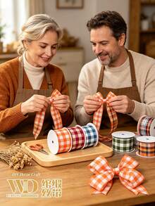 1pc Autumn Thanksgiving Plaid Handmade Ribbon, Suitable For Gift Wrapping, Bow Making, Table And Home Party Decor, Suitable For Autumn Harvest, DIY Crafts, Decorative Trees, Wreaths, Halloween And Holiday Decor, Thanksgiving Autumn Festival Gift Wrapping - Multicolor - View 3