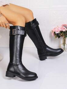 Women's Vintage Belt Buckle High Shaft Riding Boots, Round Toe Low Chunky Heel Side Zipper Tall Boots, Autumn/Winter Commute Versatile Slimming Long Boots, Black/Brown Available - Black - View 2