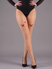 1pc Women's Nude Sheer Tights With Red Butterfly Print, Fashion Patterned Pantyhose - Apricot - View 1