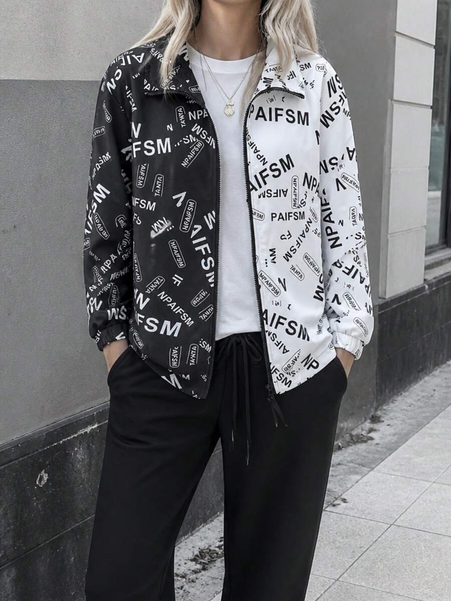1pc Women's Spring/Autumn New Fashion Versatile Outdoor Street Style Letter Elastic Cuff Adjustable Hem Sports Climbing Top Design Niche Black & White Patchwork Jacket - Black and White - View 1