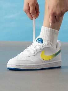 Nike Kids' Court Borough Low WC (GS) Casual Sports Sneakers For Outdoor Comfort IR3997-100 - White/Yellow/Teal - View 2