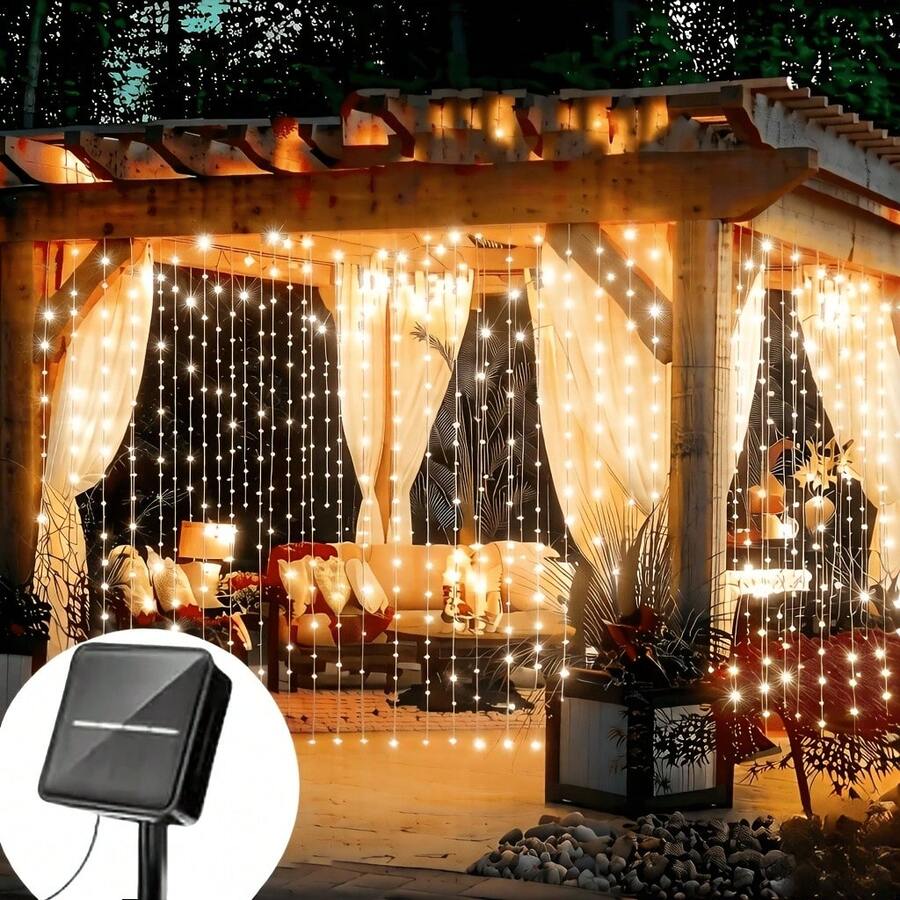 Solar Fairy Curtain Lights, 300/200/100 LED Outdoor Smart Light Strings, 8 Flashing Modes, Light Sensor, Suitable For Gardens, Yards, Weddings, Parties, Balconies, Porches