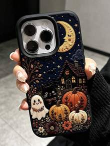 1 Piece Luxury Custom TPU Phone Case With Halloween Elements, Ghost, Moon And Pumpkin Pattern, Anti-Drop, Black, Liquid, Straight Edge, Compatible With IPhone 16 Pro Max/16/16 Pro/16 Plus/15/15 Pro Max/15 Pro/11/12/13/14 Pro Max/11 Pro/11 Pro Max/12 Pro/12 Pro Max/13 Pro/13 Pro Max/14 Pro/14 Pro Max, Soft Case With Premium Touch - Black - View 1