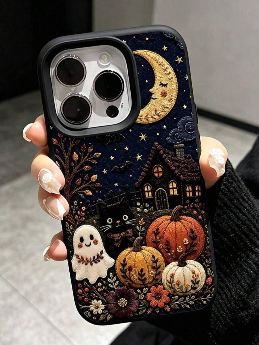 1 Piece Luxury Custom TPU Phone Case With Halloween Elements, Ghost, Moon And Pumpkin Pattern, Anti-Drop, Black, Liquid, Straight Edge, Compatible With IPhone 16 Pro Max/16/16 Pro/16 Plus/15/15 Pro Max/15 Pro/11/12/13/14 Pro Max/11 Pro/11 Pro Max/12 Pro/12 Pro Max/13 Pro/13 Pro Max/14 Pro/14 Pro Max, Soft Case With Premium Touch - Black - View 1