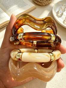 4/1pc Set Vintage Minimalist Casual Style Wavy Resin Bracelet And Acrylic Elastic Bracelet Set Suitable For Daily And Vacation Wear - Multicolor - View 2
