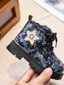 女童加厚踝靴 秋冬新款星星亮面靴 側拉鍊防滑嬰兒靴 - 藍色 - 查看 7