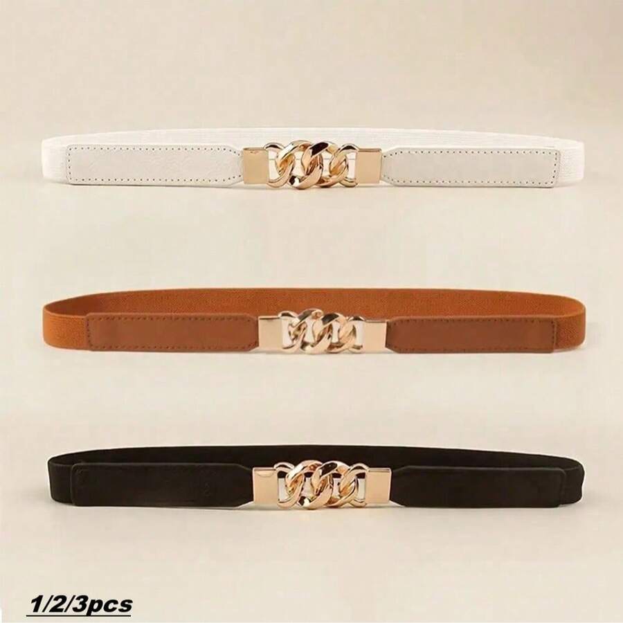 1/2/3件組 女款細款彈性復古腰帶 金屬O型環彈力復古PU皮革腰帶 適用於褲子與洋裝 - 彩色 - 查看 1