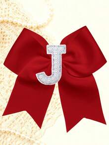 1pc Personalized A-Z Letter Bow Hair Clips For Little Girls, Red Ribbon Bow With Pearl Rhinestone Initial, Cute Daily Hairstyle Decorations - Red - View 28