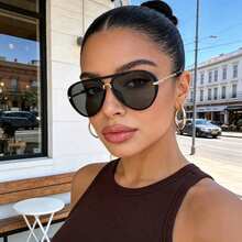 Pilot Frame Decor Eyewear For Women, Metal Temple Full Frame Glasses, Classic Oversized Frame, Daily Outfit Party Travel Fashion Accessories - black gray - View 2