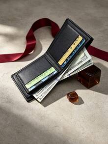 1pc Woven Contrast Color Short Bifold Wallet, Multi-Card Slot Large Capacity PU Leather Card Holder, Business Casual Portable Card Case, Birthday Gift, Father's Day Gift - Black - View 8