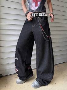 Hearty Haven 1pc American Retro Street Style Men's Loose Embroidered Wide Leg Jeans, Comfortable All-Season Long Pants - No Belt And Accessories - Black - View 5
