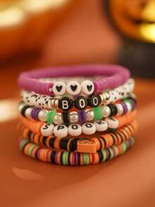 6pcs/Set European Gothic Style Colorful Soft Clay Multi-Layer Stackable Bracelets, Heart Letter Pumpkin Element Wristbands, Couple Holiday Photo Accessories, Autumn/Winter Atmosphere Small Gifts - Multicolor - View 4