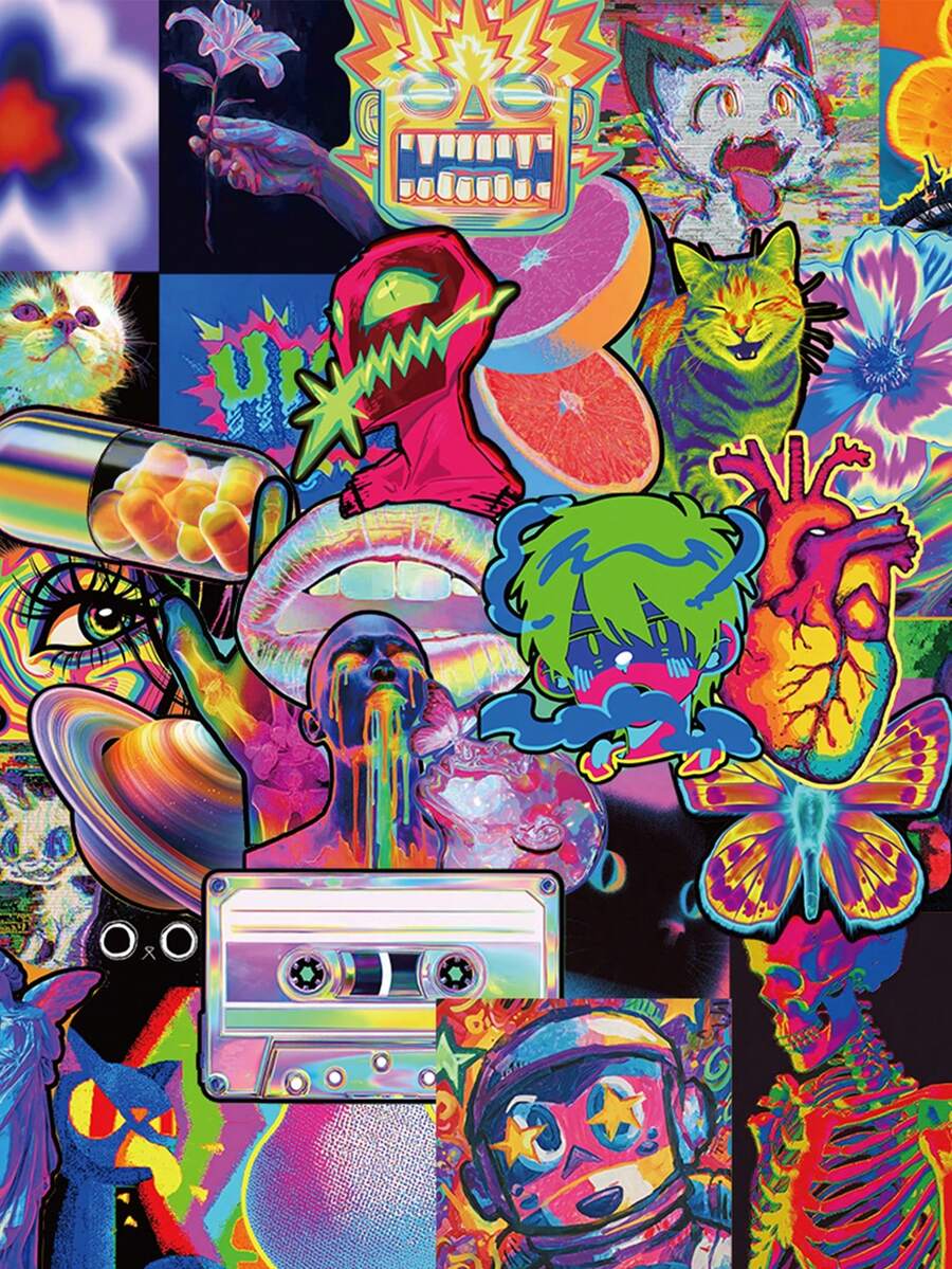 50pcs Acid Aesthetic Stickers For Scrapbook, Diary, Planner, Envelope, Greeting Card, Luggage, Phone Case, Skateboard, Tablet, Guitar, Sealing Sticker, Party Gift - Multicolor - View 1