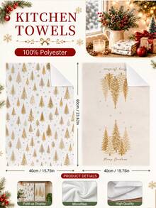 2pcs Christmas Minimalist Gold Christmas Tree Pattern Kitchen Towels, Soft Polyester Dish Cloths, Suitable For Kitchen Decor, Kitchen Cleaning, Holiday Party Decoration, Kitchen & Bathroom Supplies Home Essentials, Home Decor, Housewarming Gift - Multicolor - View 4