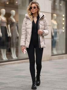 Women's Quilted Hooded Jacket With Zip Pockets, Ribbed Cuffs And Regular Fit - Beige - View 3