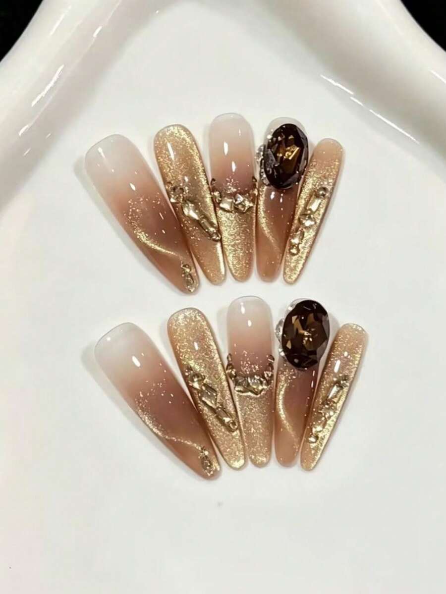 10片長款尖頭手工穿戴甲，秋冬款美拉德冰透閃亮金絲緞貓眼美甲，含微小水鑽，焦糖色系，適合女孩與女性在節日派對及日常配戴