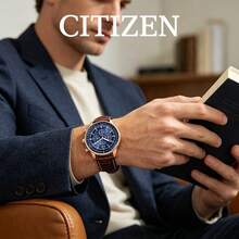 CITIZEN Men's -Drive Chronograph Watch Rose Gold Plated Case Deep Blue Dial Tachymeter Scale Vintage Brown Leather Strap Retro Pilot Style Men Wristwatch - Blue - View 3