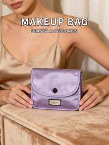 2‑Colors Optional Satin Flap Makeup Bag Portable Travel Cosmetic Storage Pouch Large‑Capacity Gift For Women Gucci Beauty Satin Makeup Bag Light Pink & Lavender Two‑Colors Optional - Purple - View 6