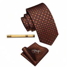 Orange Brown Geometric Polka Dot Pattern Men's Tie Handkerchief Cufflinks Gold Tie Clip 4pcs Set Business Matching - Orange - View 2