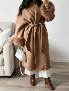 Elegant Fashion Minimalist Casual Versatile Commute Wool Belt Long Sleeve Coat Solid Color Faux Wool Fabric Fine Fur Splicing Women's Jacket Office Date Vacation Women's Winter Clothes,Clothes For New Year,Work Outfits For Women - Brown - View 5
