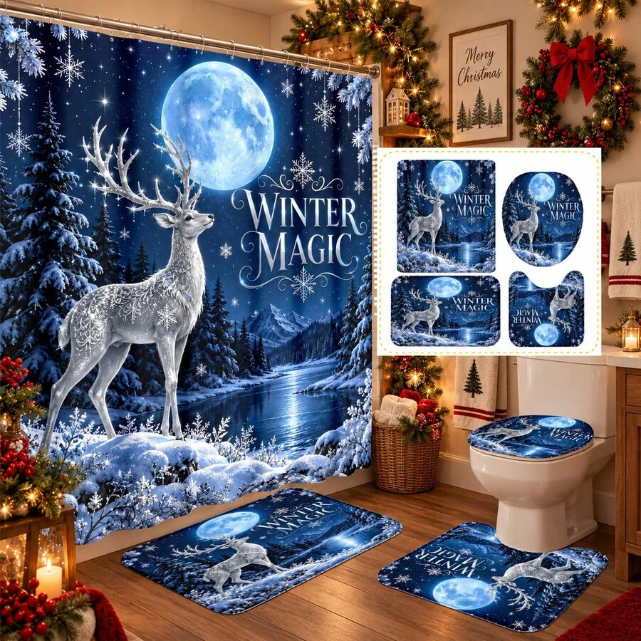 Set Dekorasi Kamar Mandi Multifungsi Moon Night Motif Rusa Perak 1pc/4pcs, Tirai Shower dengan 12 Kait Gratis, Keset Lantai Bentuk U dan Penutup Dudukan Toilet Bulat Premium untuk Suasana Liburan, Cocok untuk Semua Dekorasi Ruangan - Rusa Perak di Bawah Cahaya Bulan - View 1