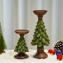 1pc Christmas Tree Candle Holder, Resin Holiday Candle Stand, Vintage Green & Brown Christmas Flat - A - View 3