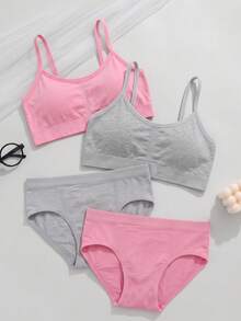 Teen Girls 2pcs Random Color Seamless Bra And Triangle Panty Set, With Removable Padding, Solid Color Underwear - Multicolor - View 4