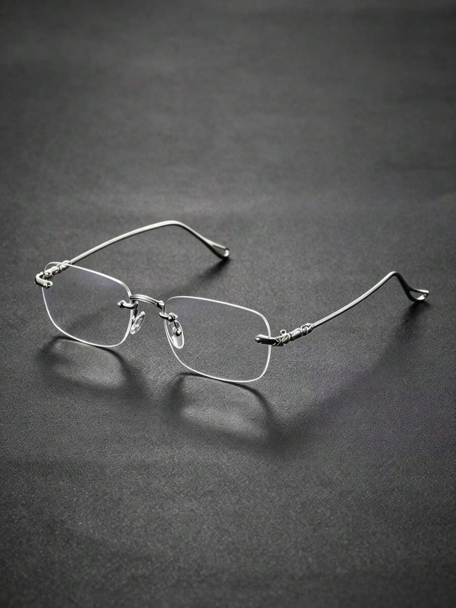 1 Pair Frameless Rectangular Glasses, Vintage Carved Metal Temple Transparent Lens Glasses, Unisex Transparent Decorative Glasses - Multicolor - View 1