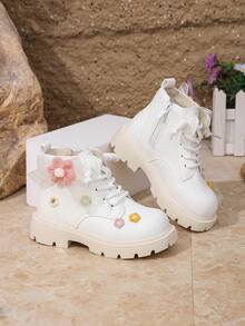Autumn/Winter Sweet Floral Girls' Boots, Thermal Lined, Soft Sole, Anti-Slip, Stylish White Princess Ankle Boots - White - View 3