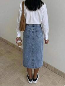 Woman High Waist Solid Color Casual Straight Denim Midi Skirt - Blue - View 4