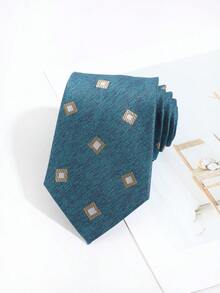 Lake Green & Gold Square Geometric Jacquard Men's Tie, Vintage Textured Business Formal Necktie - Lake Green - View 1