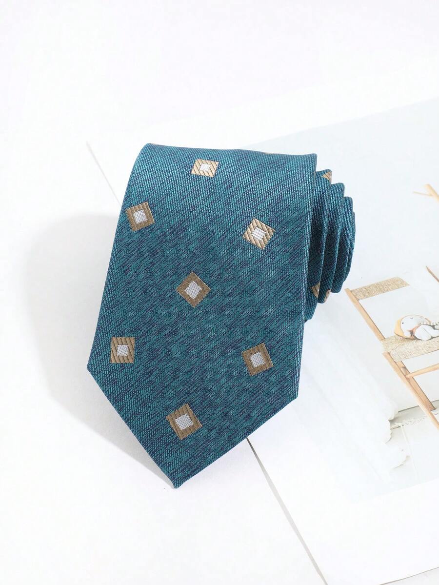 Lake Green & Gold Square Geometric Jacquard Men's Tie, Vintage Textured Business Formal Necktie - Lake Green - View 1