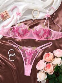 1 Set Of 2-Piece Women's Pink Embroidered Floral Everyday Lingerie Set, Featuring A Semi-Transparent, Comfortable, And Elegant Short Top With A Thong - Pink - View 1