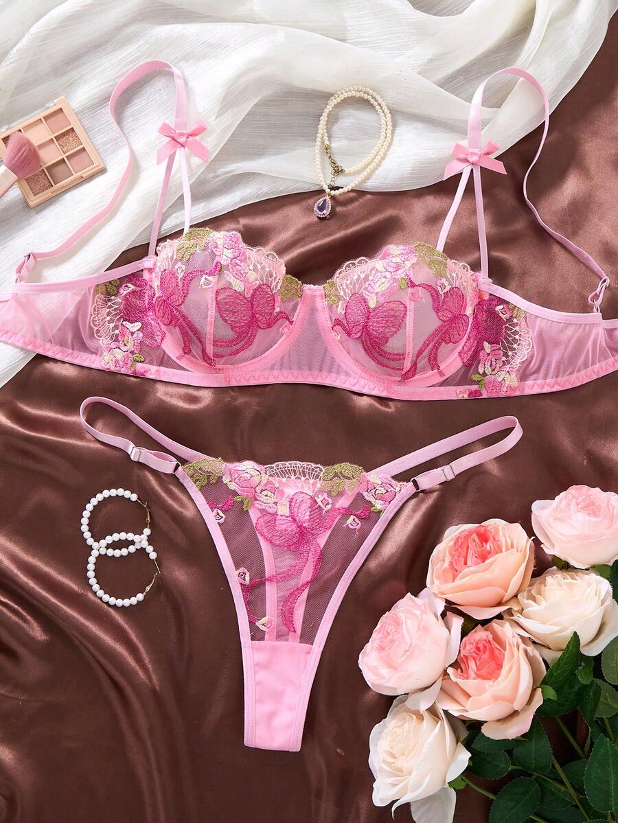 1 Set Of 2-Piece Women's Pink Embroidered Floral Everyday Lingerie Set, Featuring A Semi-Transparent, Comfortable, And Elegant Short Top With A Thong - Pink - View 1