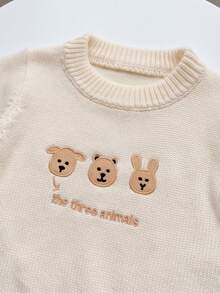 Sweater Rajut Pullover Bayi Unisex Warna Krem Putih dengan Bordir Hewan Kartun, Atasan Kasual untuk Bayi dan Balita dengan Leher Bulat dan Bordir Beruang, Kelinci, dan Anjing. - Aprikot - View 5
