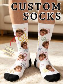 Calcetines de regalo creativos, unisex, personalizables con foto y retrato, media pantorrilla, estampado floral, salpicadura de tinta y corazón de grafiti - Blanco - Ver 5