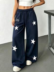 Navy Blue Star Patchwork Wide Leg Sweatpants, Letter Embroidery Drawstring Elastic Waist Loose Street Style Sports Pants - Navy Blue - View 3