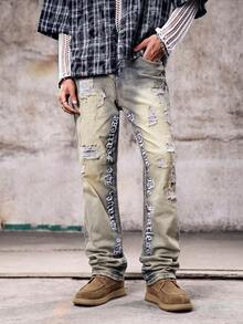 Skyrend 男士刺繡喇叭牛仔褲，修身破洞丹寧長褲，Y2K 堆疊水洗牛仔褲，字母貼布裝飾，四季街頭風 - 黃色 - 查看 2