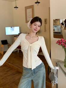 Women Bow Long Sleeve T-Shirt Spring Sexy Style Fitted Base Layer Inner Wear Slim Square Neck Top - Apricot - View 2