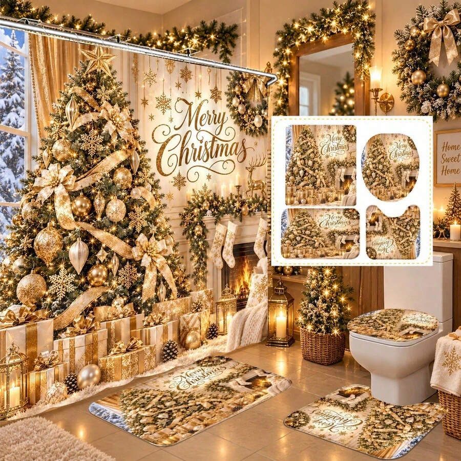 1pc/4pcs Gold Christmas Tree Pattern Multifunctional Bathroom Decor Shower Curtain Set Free 12 Hooks Premium Holiday Atmosphere Bathroom Mat U-Shaped Floor Mat And Round Toilet Lid Cover Suitable For All Scenes Decoration Bathroom Set - Gold Christmas Tree 3 - View 1