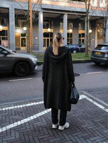 女款休閒秋冬大鈕扣粗針織開襟針織外套，長袖連帽夾克，寬鬆開襟毛衣套裝 - 黑色 - 查看 7