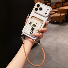 Ghost Hugging Black Cat Pattern Lychee Texture Card Holder Lanyard Shockproof Phone Case Protective Cover, Compatible With Apple 11, 12, 13, 14, 12 Pro Max, 13 Pro Max, 15, 15 Pro, 15 Plus, 15 Pro Max, 16, 16 Pro, 16 Plus, 16 Pro Max, 17, 17 Pro, 17 Air, 17 Pro Max And Other Phone Models, Great Choice For Couples And Holiday Gifts - Brown - View 2
